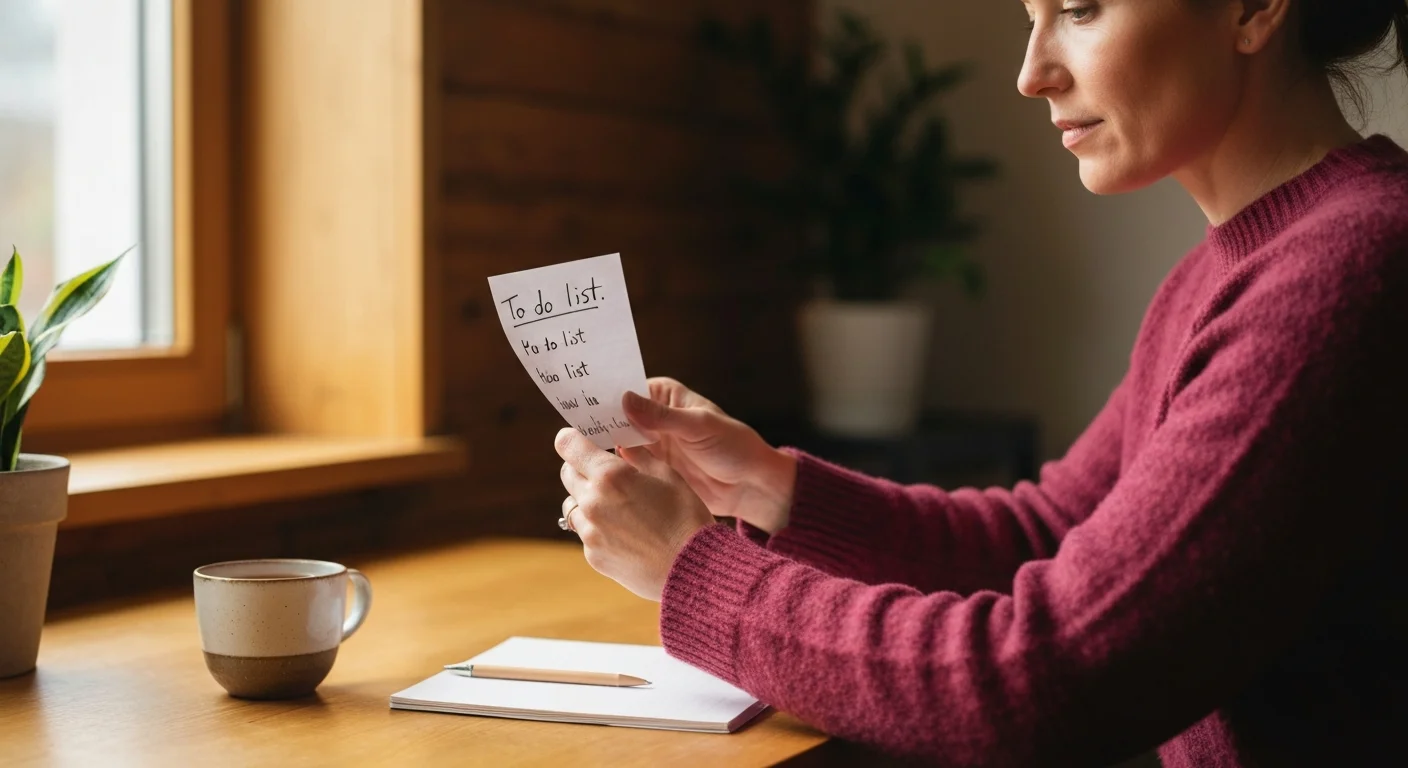 Frau sitzt am Homeoffice-Schreibtisch und blickt auf eine kurze Aufgabenliste vor sich