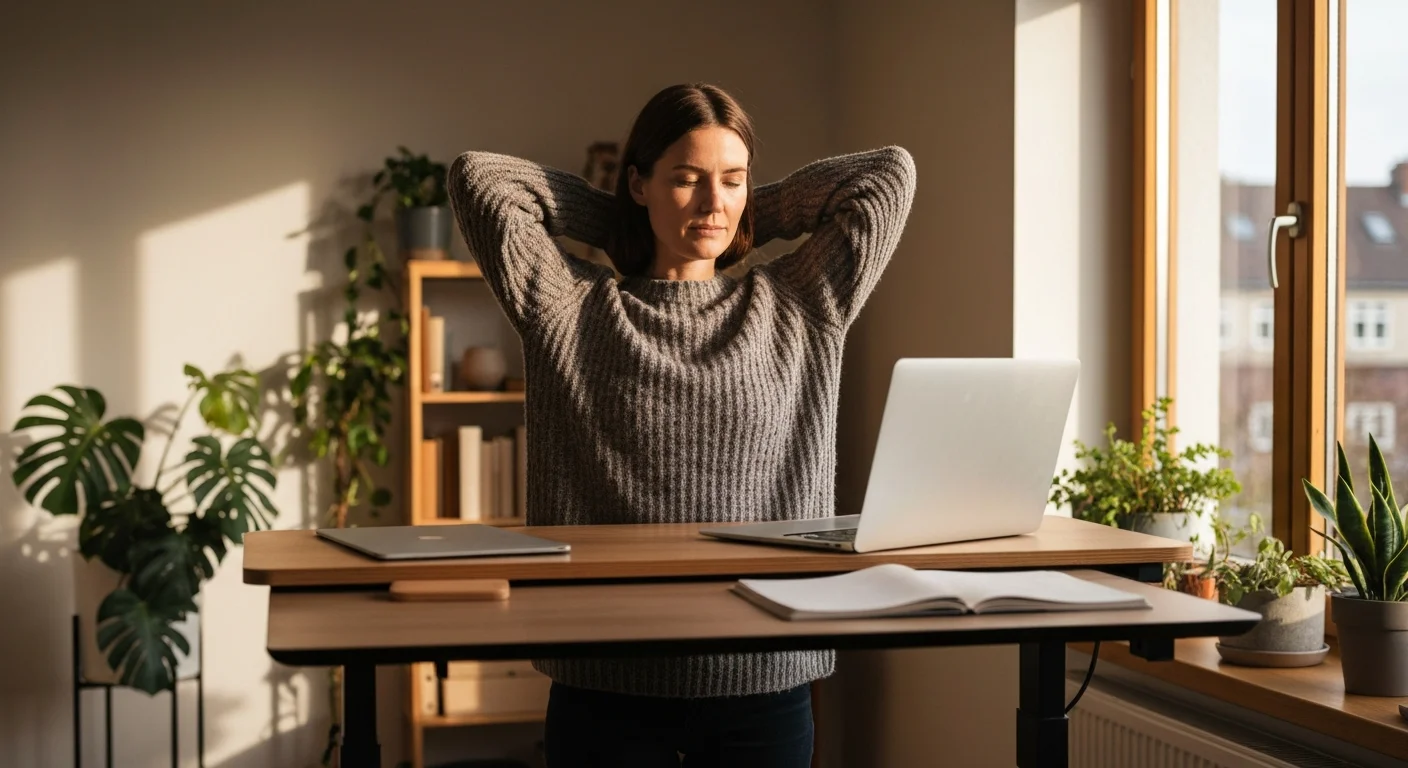 Person am Stehpult im Home-Office mit Laptop und Fenster im Hintergrund