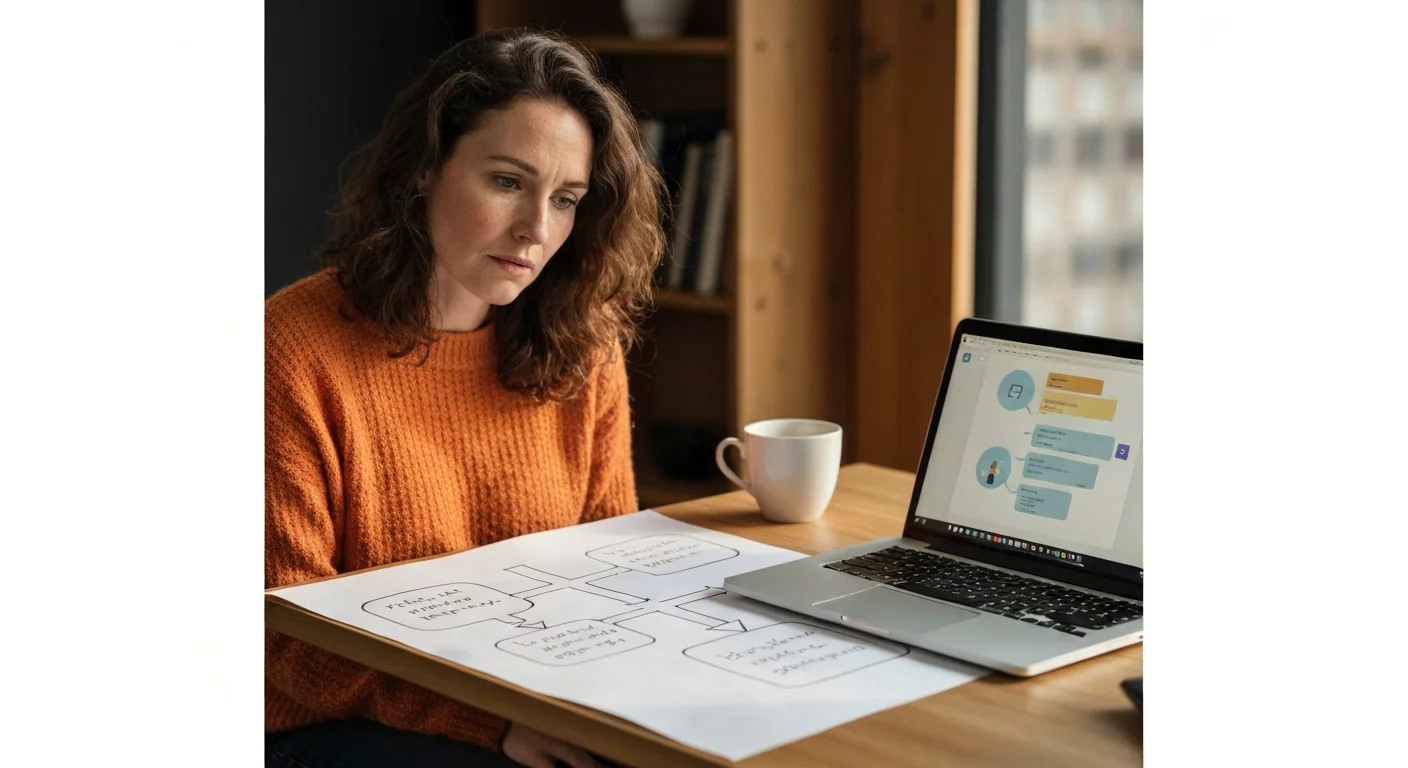 Teilnehmerin zeichnet einen Dialogfluss auf Papier, während sie einen Chatbot testet