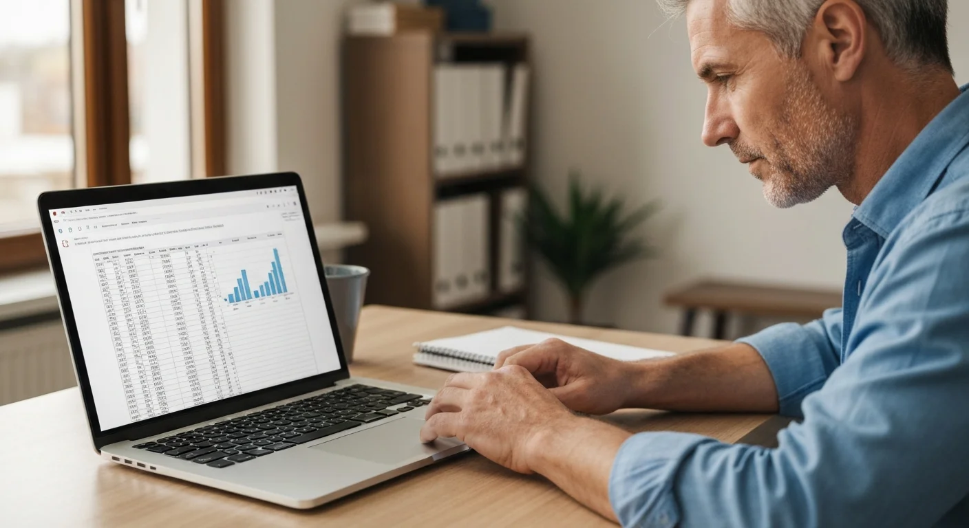 Laptop mit Tabellenkalkulation und einfacher Textverarbeitung auf einem aufgeräumten Schreibtisch