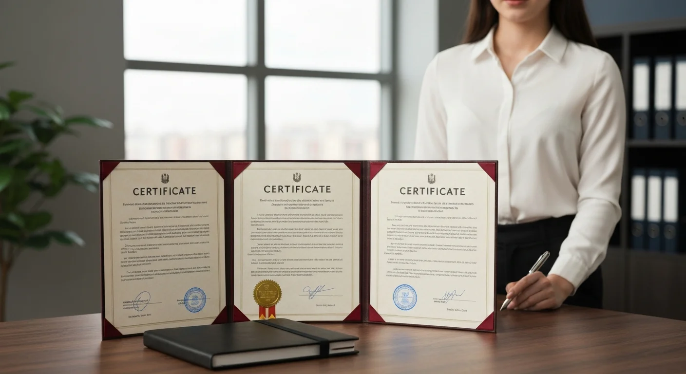 Drei Zertifikatslogos nebeneinander auf einem aufgeräumten Schreibtisch
