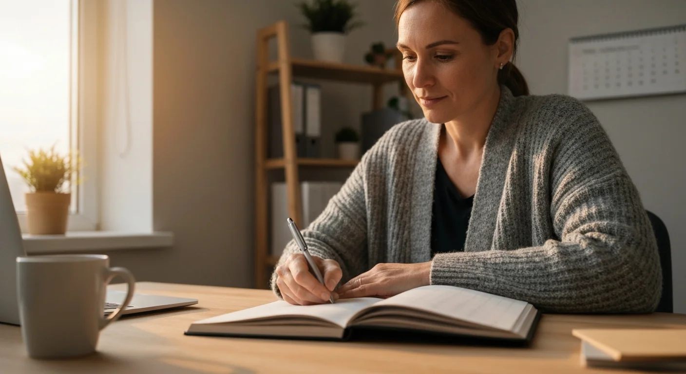 Frau im Homeoffice macht eine kurze Lernpause und notiert etwas auf Papier