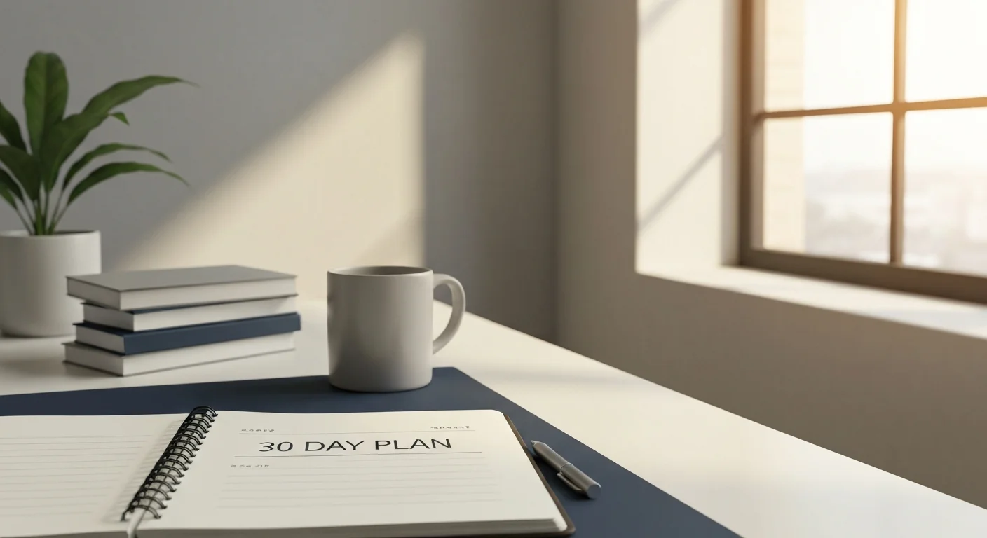 Schreibtisch in einem hellen Büro mit Notebook, Notizbuch und Pflanzen