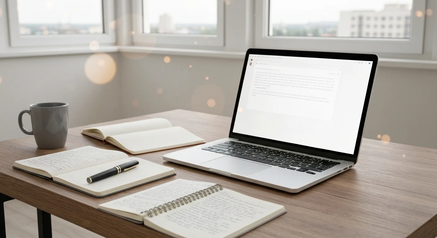 Schreibtisch mit ausgedruckter Bewerbungsmappe, Notizen und einem Laptop