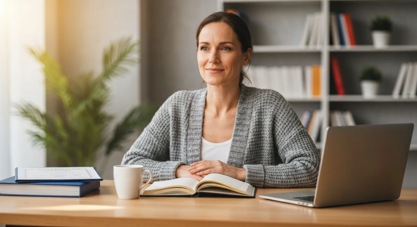 Frau mit Notizbuch und Laptop am Schreibtisch plant die nächsten Schritte nach Kursende