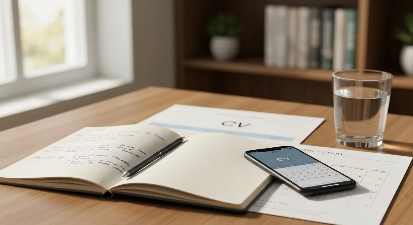 Vorbereitung zum Vorstellungsgespräch mit Notizen und einer Checkliste auf dem Schreibtisch