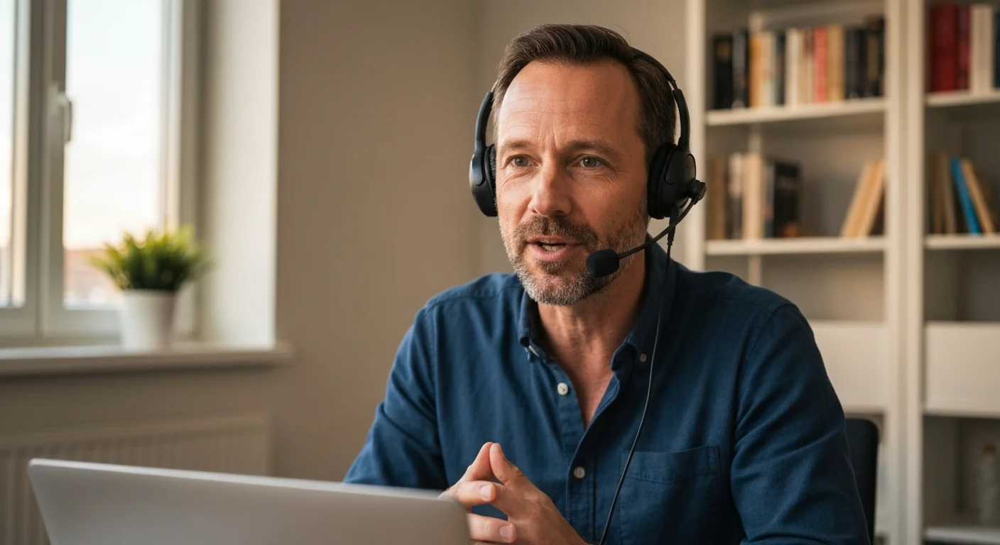 Mann mittleren Alters am Schreibtisch mit Headset, der entspannt in die Kamera seines Laptops spricht