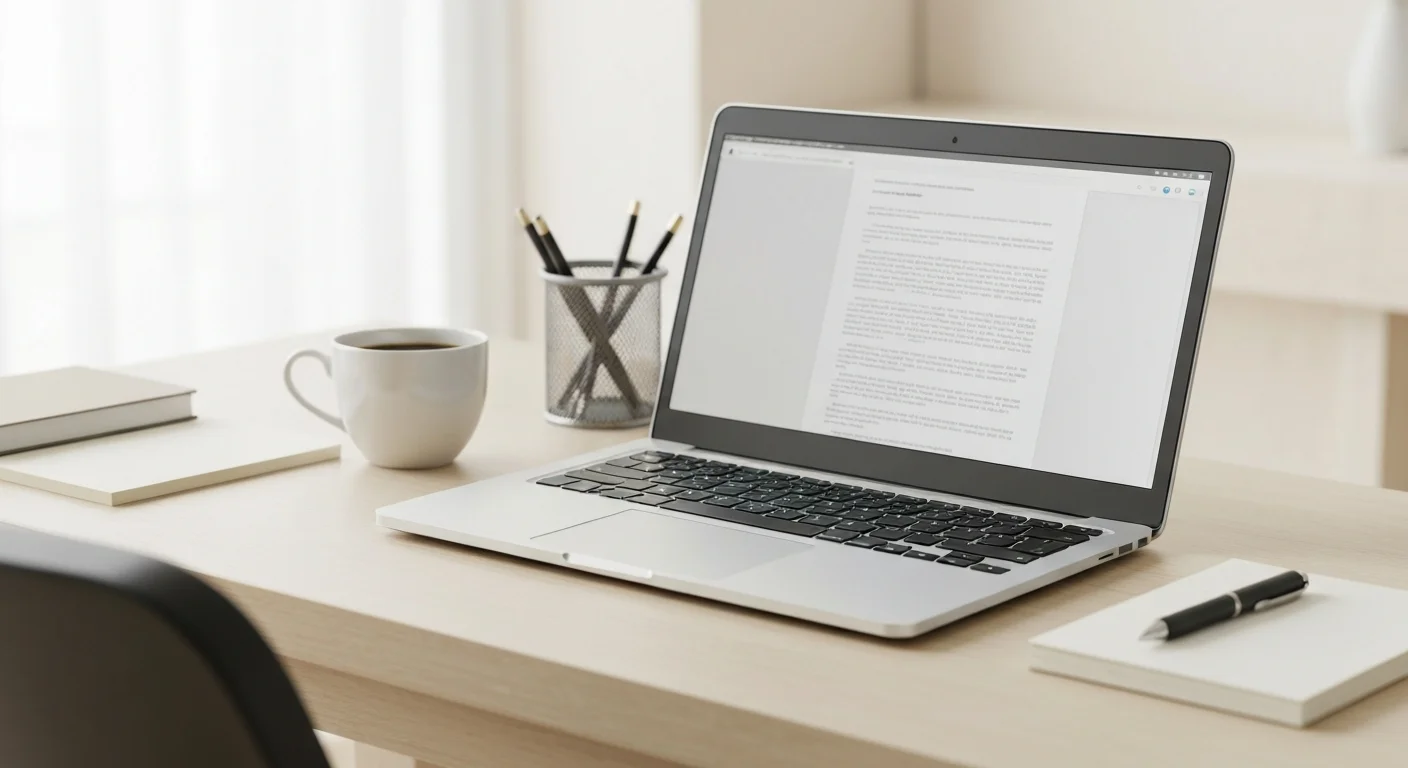 Laptop mit externem Monitor, Headset und Tastatur auf einem aufgeräumten Schreibtisch