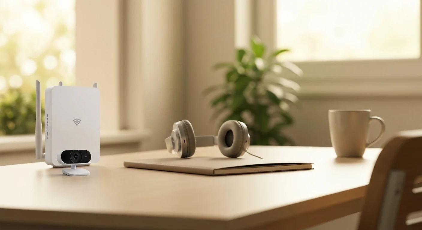 WLAN-Router, Headset und Webcam auf einem Schreibtisch