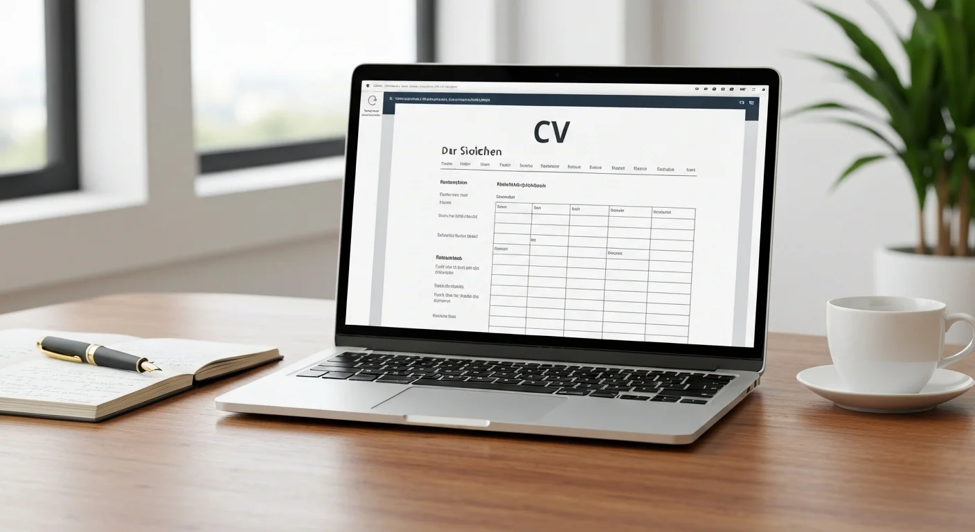Tabellarischer Lebenslauf auf einem Notebook neben einem Notizbuch und einer Tasse Kaffee
