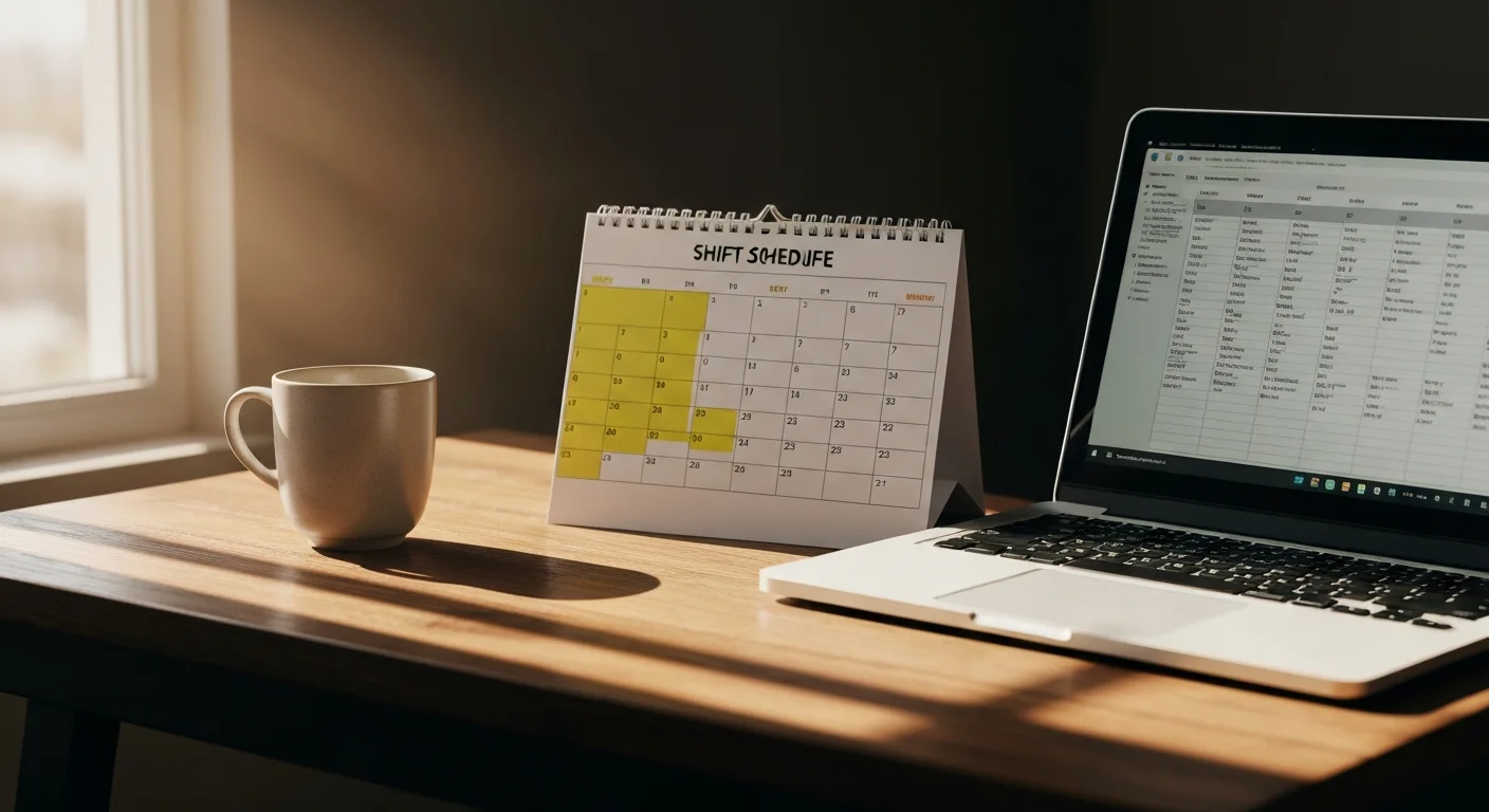 Schreibtisch mit Laptop und einem Kalender mit Schichtplan