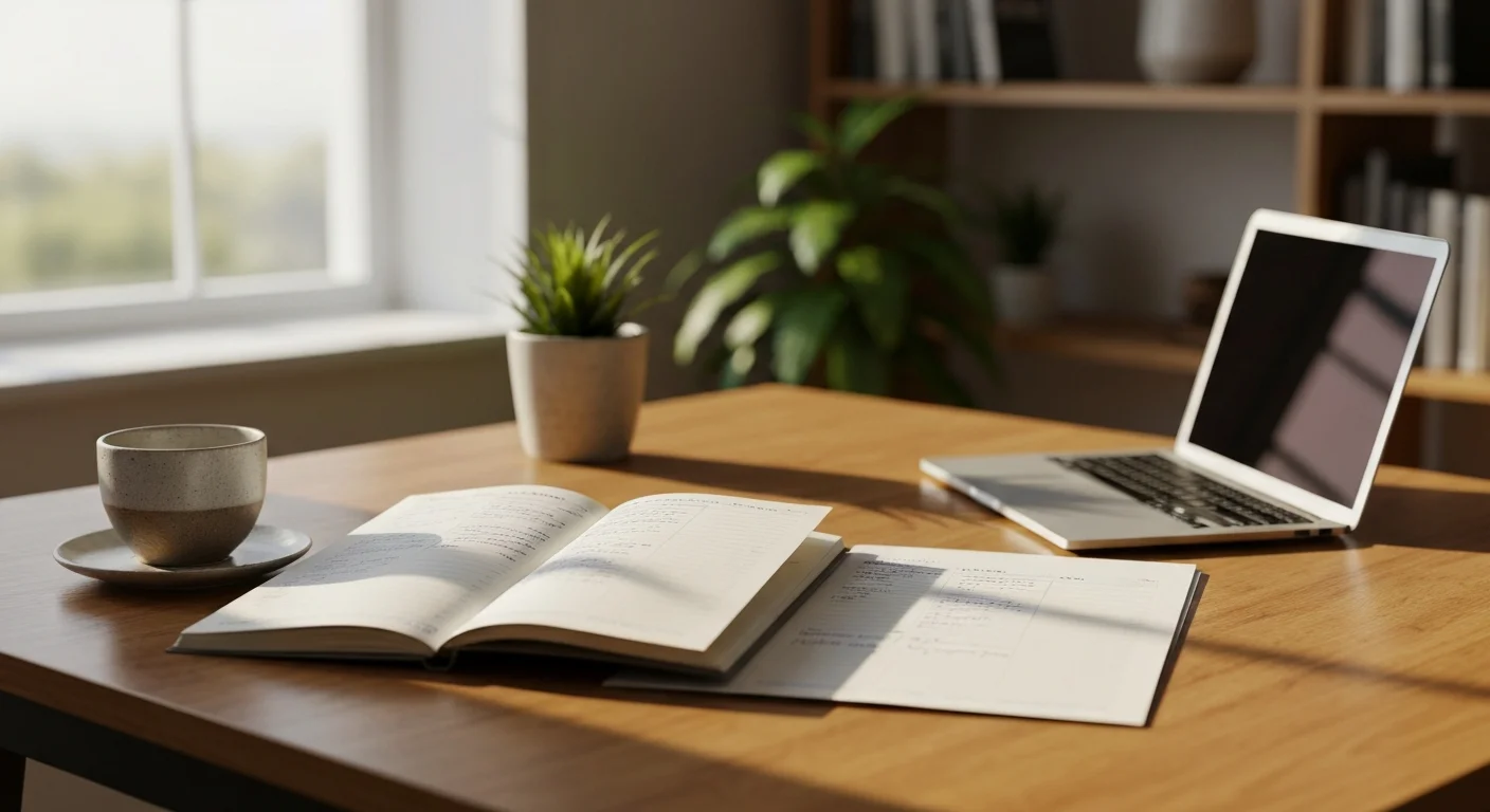 Wochenplan in einem Notizbuch neben Laptop und Kaffeetasse auf hellem Schreibtisch