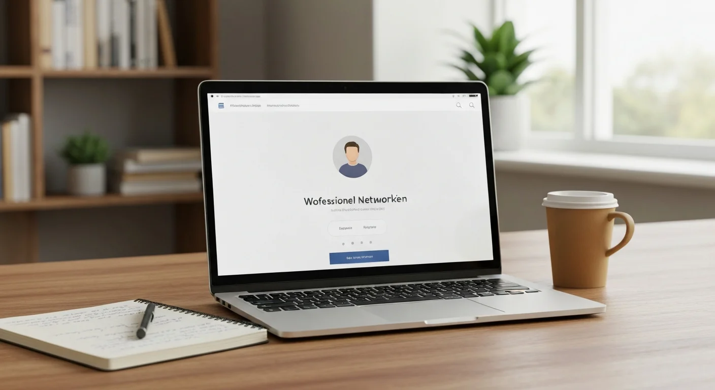 Geöffnetes Notebook zeigt LinkedIn-Profilseite, daneben Notizbuch und Kaffeetasse