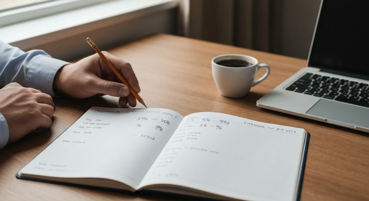 Notizbuch mit einfachen Rechnungen und englischen Vokabeln neben einem Laptop