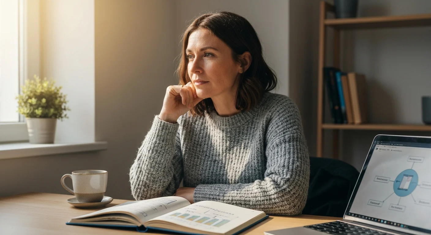 Quereinsteigerin am Schreibtisch mit handgezeichnetem Organigramm und Laptop