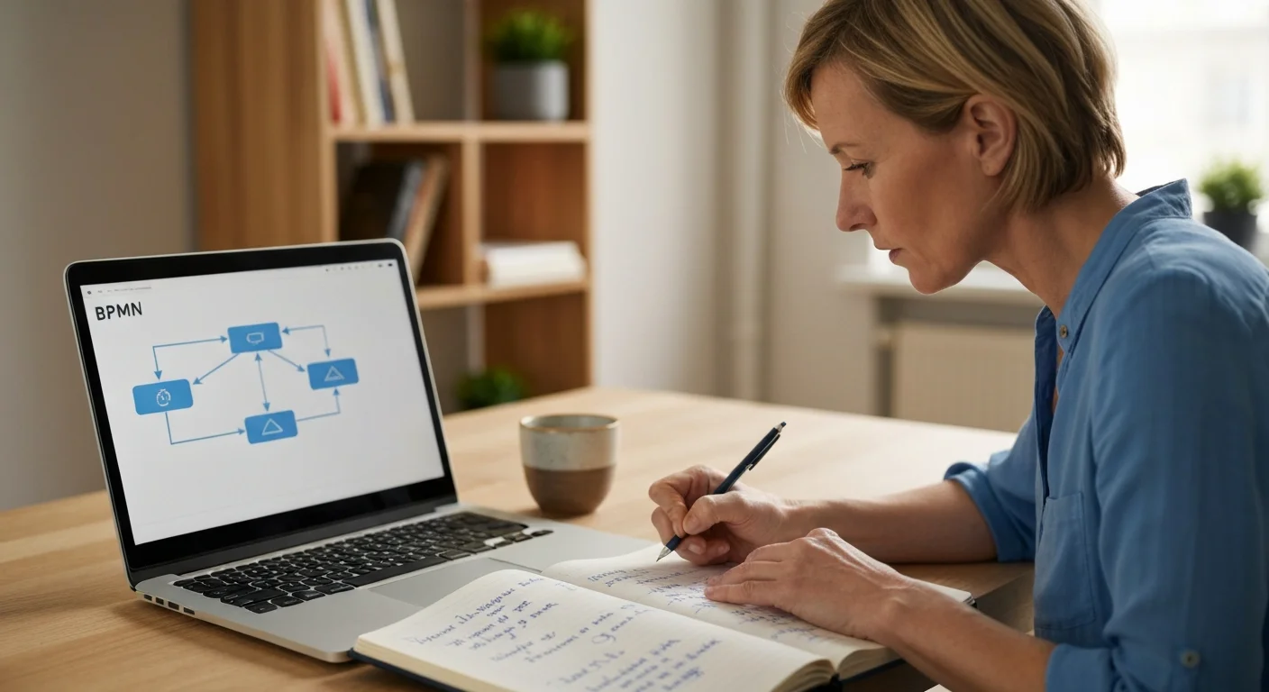 Teilnehmerin modelliert einen Bestellprozess in einem BPMN-Editor am Laptop