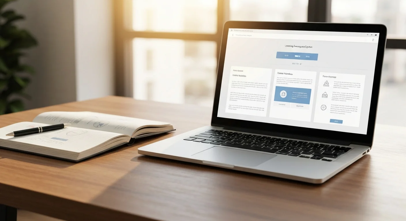 Laptop mit geöffneter Lernplattform-Oberfläche neben einem Notizbuch