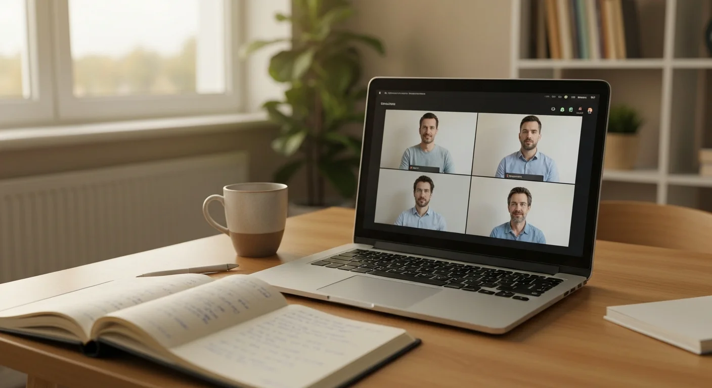 Vier Menschen in einer Videokonferenz auf einem Laptop-Bildschirm am heimischen Schreibtisch