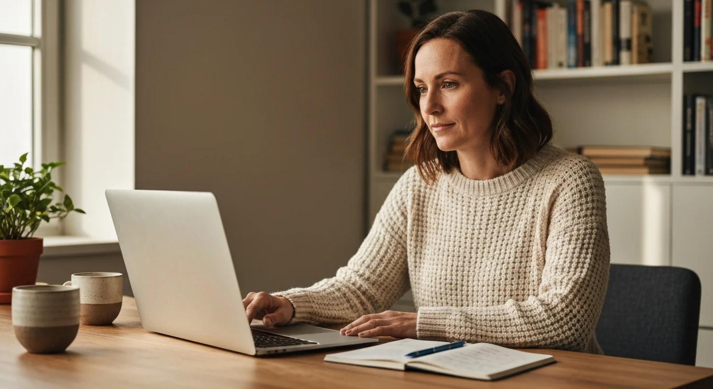 Frau Mitte dreißig an einem Home-Office-Schreibtisch mit Laptop, Notizbuch und Kaffeetasse bei Tageslicht