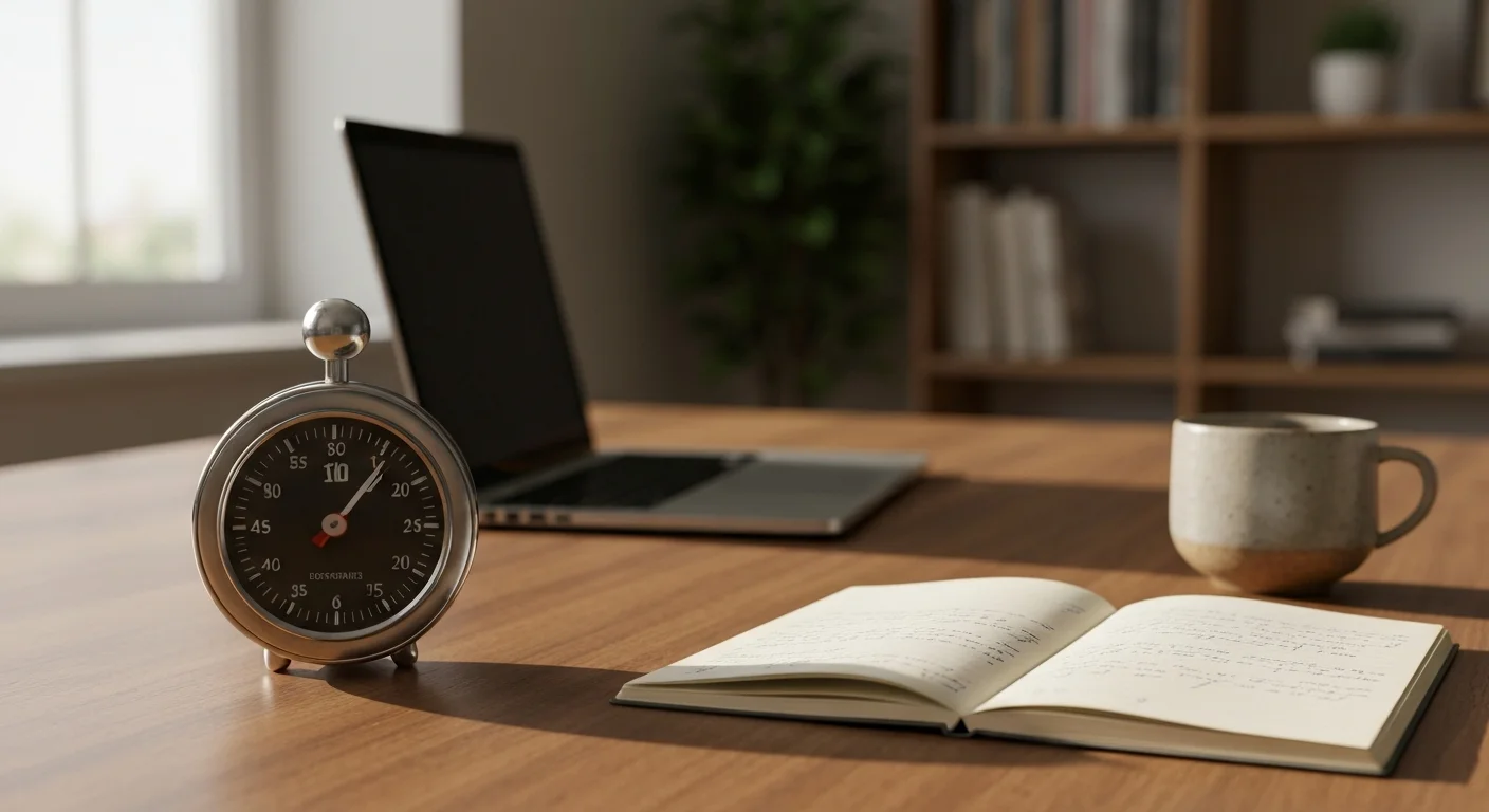 Schreibtisch mit analoger Küchenuhr, Notizbuch und Laptop bei Tageslicht