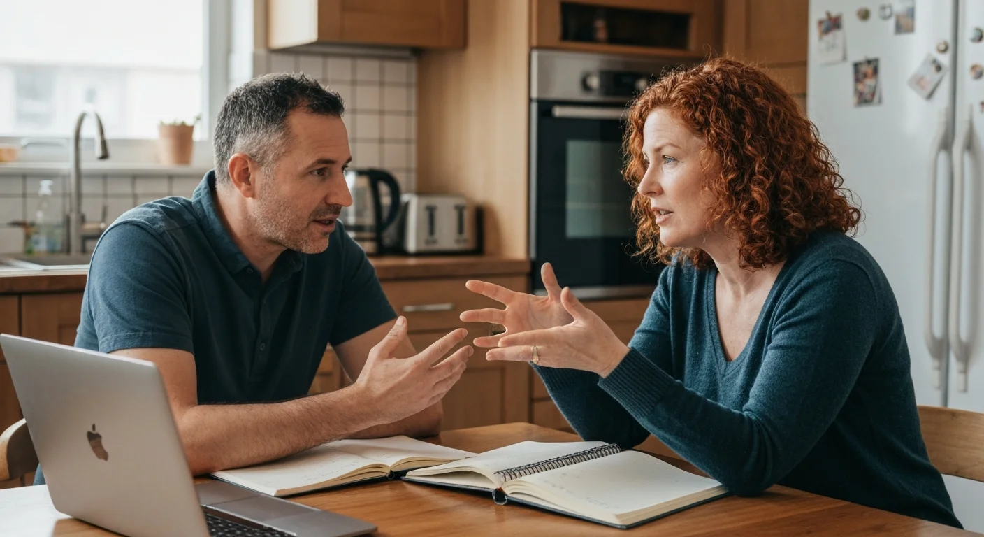 Zwei Menschen besprechen ein Projekt am Küchentisch mit Laptop