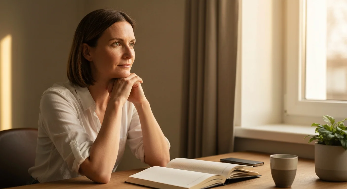 Person im Home-Office mit Notizen und ruhiger Körperhaltung bei Tageslicht