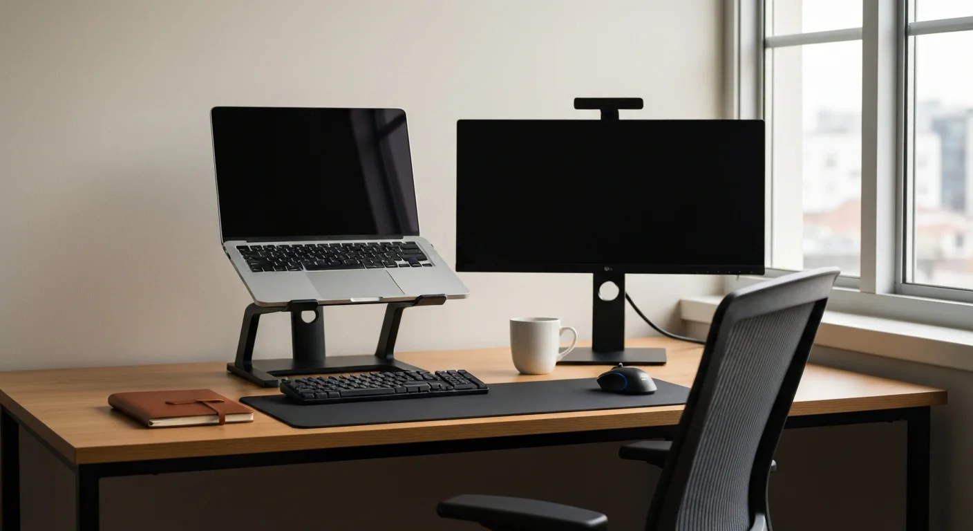 Aufgeräumter Schreibtisch mit Laptop, Monitor, Notizbuch und ergonomischem Stuhl am Fenster