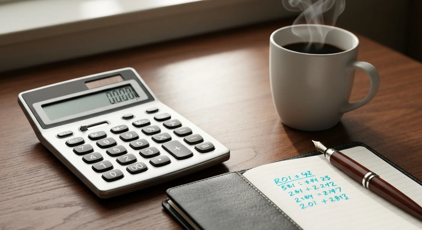 Taschenrechner und Notizbuch mit einer ROI-Rechnung auf dem Schreibtisch