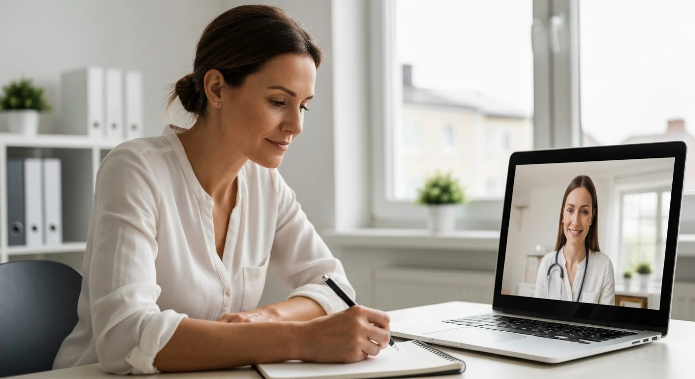 Frau in einem ruhigen Beratungsgespräch per Videocall am Schreibtisch