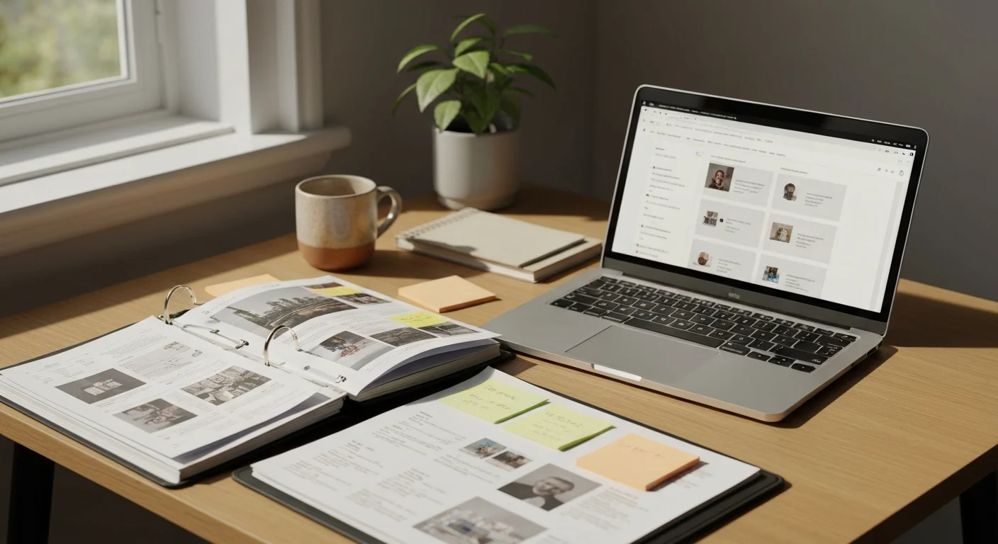 Strukturierte Projektmappe mit Screenshots und Notizen auf einem Schreibtisch